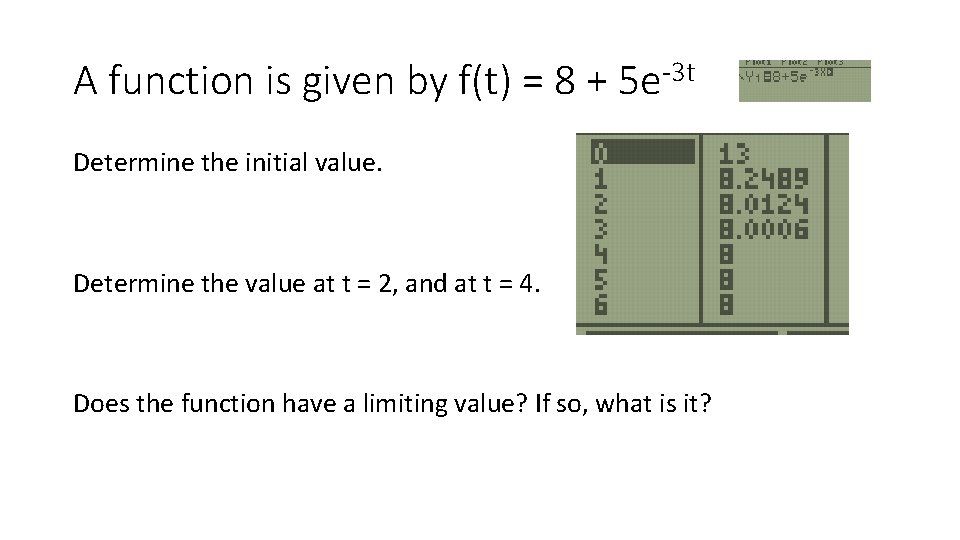 A function is given by f(t) = 8 + 5 e-3 t Determine the