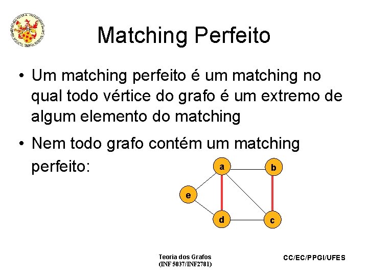 Matching Perfeito • Um matching perfeito é um matching no qual todo vértice do