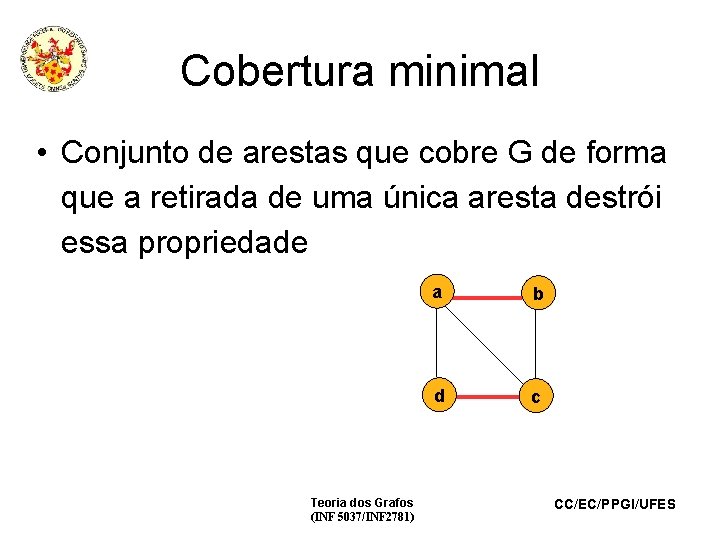 Cobertura minimal • Conjunto de arestas que cobre G de forma que a retirada