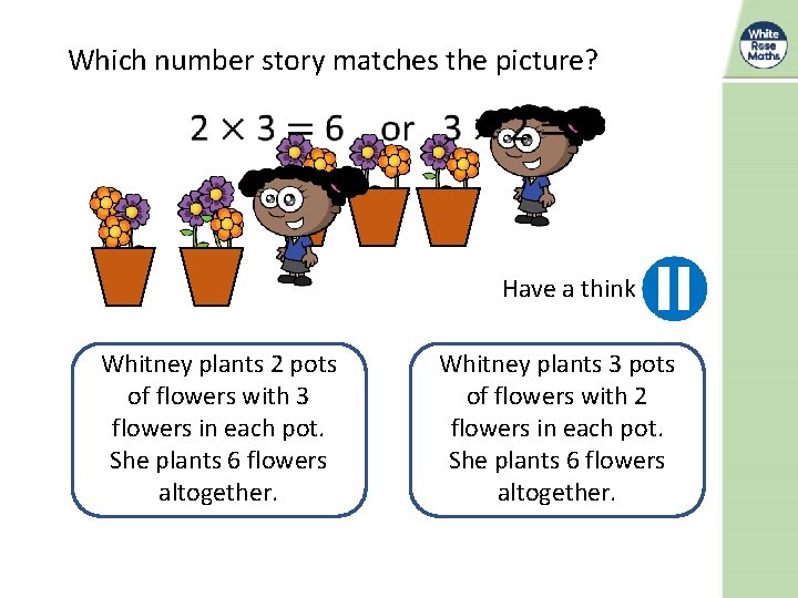 Which number story matches the picture? Have a think Whitney plants 2 pots of