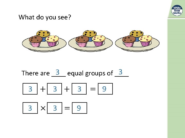 What do you see? 3 3 There are ____ equal groups of ____ 3