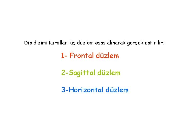 Diş dizimi kuralları üç düzlem esas alınarak gerçekleştirilir : 1 - Frontal düzlem 2 Diş dizimi kuralları üç düzlem esas alınarak gerçekleştirilir : 1 - Frontal düzlem 2