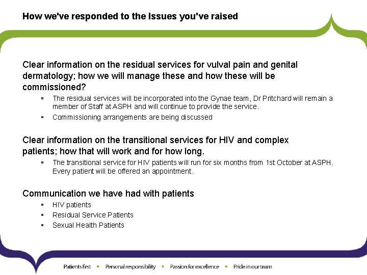 How we've responded to the Issues you've raised Clear information on the residual services