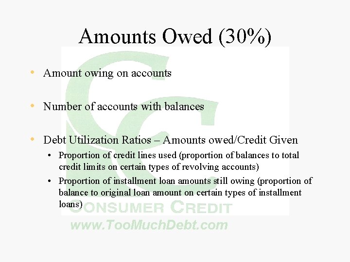 Amounts Owed (30%) • Amount owing on accounts • Number of accounts with balances