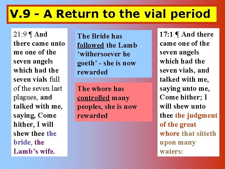 V. 9 - A Return to the vial period 21: 9 ¶ And there V. 9 - A Return to the vial period 21: 9 ¶ And there