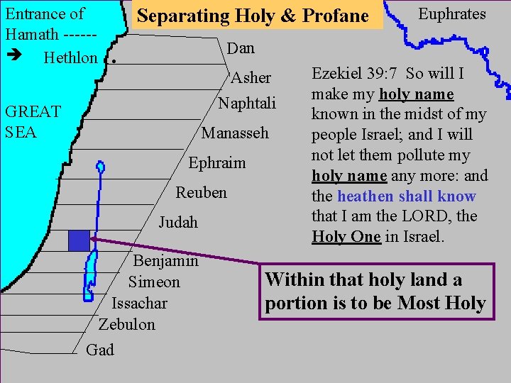Entrance of Hamath ----- Hethlon Separating Holy & Profane Euphrates Dan . Asher Naphtali Entrance of Hamath ----- Hethlon Separating Holy & Profane Euphrates Dan . Asher Naphtali