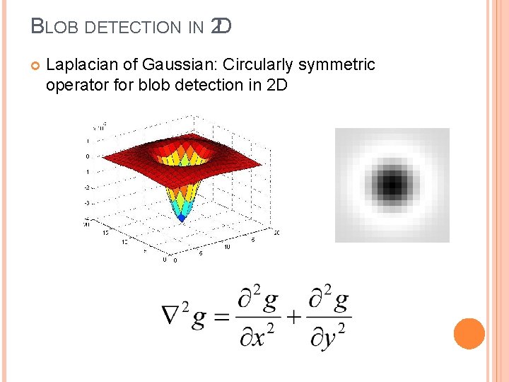 BLOB DETECTION IN 2 D Laplacian of Gaussian: Circularly symmetric operator for blob detection