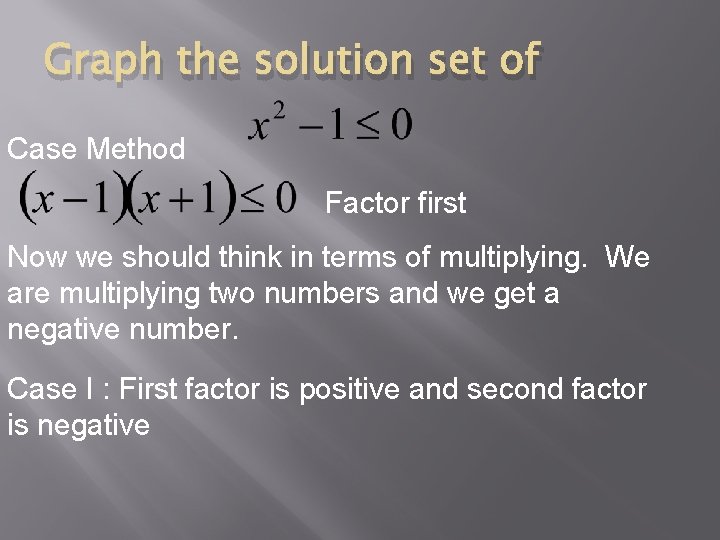Graph the solution set of Case Method Factor first Now we should think in