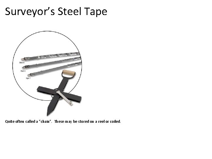 Surveyor’s Steel Tape Quite often called a "chain". These may be stored on a