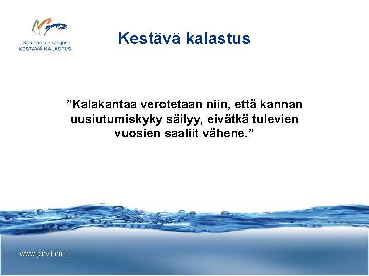 Kestävä kalastus ”Kalakantaa verotetaan niin, että kannan uusiutumiskyky säilyy, eivätkä tulevien vuosien saaliit vähene.