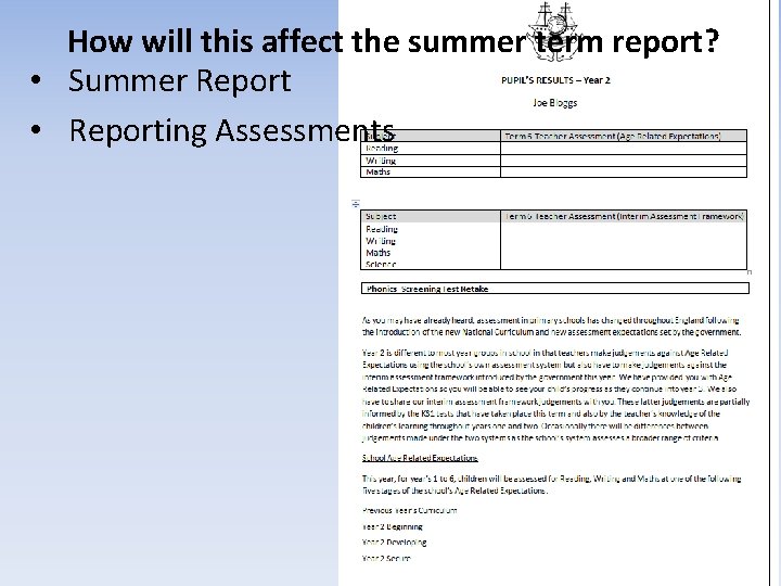 How will this affect the summer term report? • Summer Report • Reporting Assessments