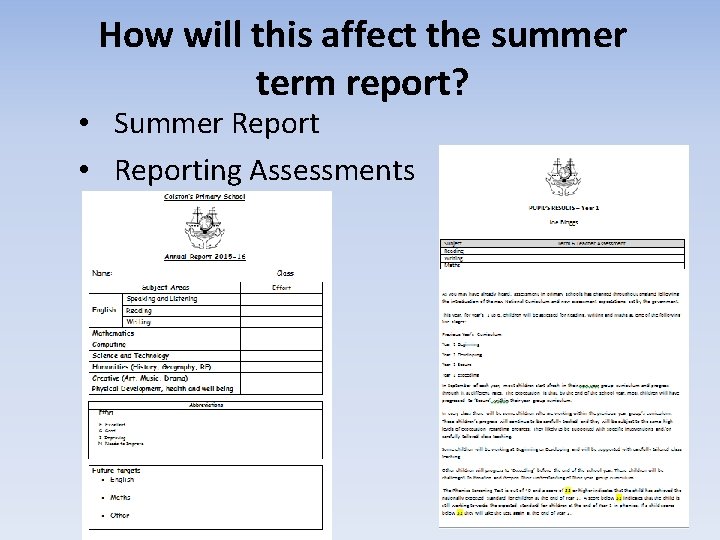 How will this affect the summer term report? • Summer Report • Reporting Assessments