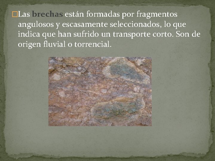 �Las brechas están formadas por fragmentos angulosos y escasamente seleccionados, lo que indica que