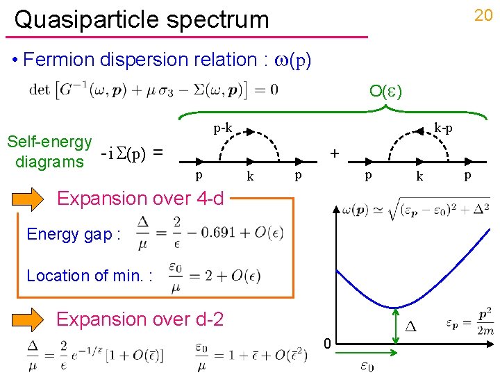 Quasiparticle spectrum 20 • Fermion dispersion relation : w(p) O( ) Self-energy - i