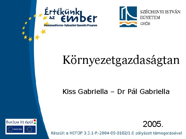 Környezetgazdaságtan Kiss Gabriella – Dr Pál Gabriella 2005. 
