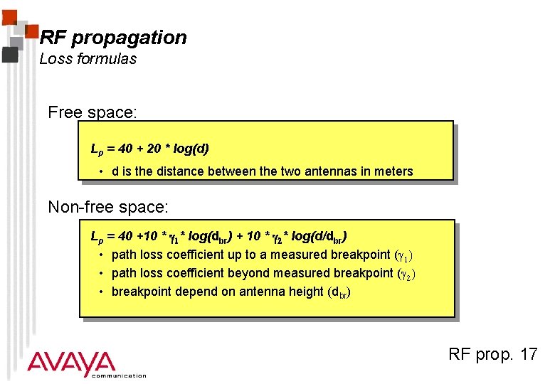 RF propagation Loss formulas Free space: Lp = 40 + 20 * log(d) •