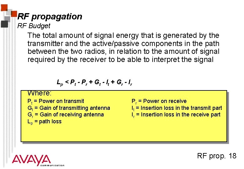 RF propagation RF Budget The total amount of signal energy that is generated by