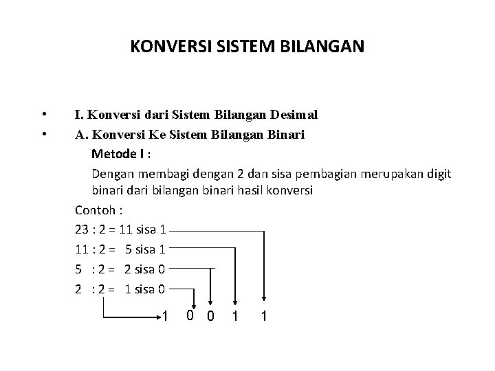 KONVERSI SISTEM BILANGAN • • I. Konversi dari Sistem Bilangan Desimal A. Konversi Ke