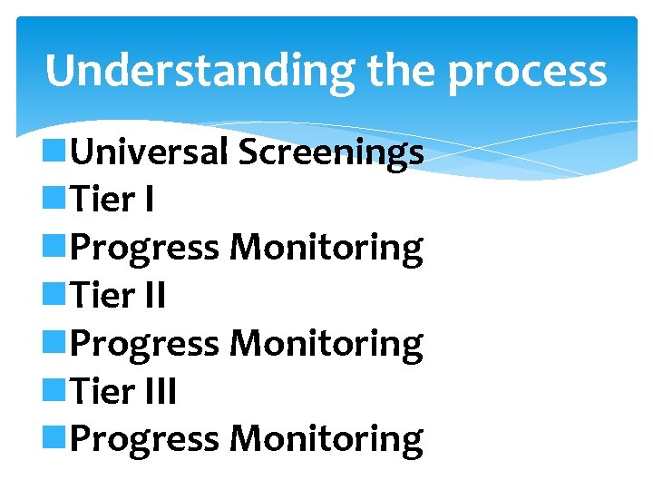 Understanding the process n. Universal Screenings n. Tier I n. Progress Monitoring n. Tier