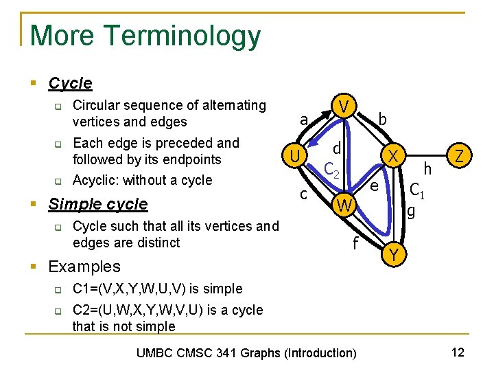 More Terminology § Cycle q q q Circular sequence of alternating vertices and edges