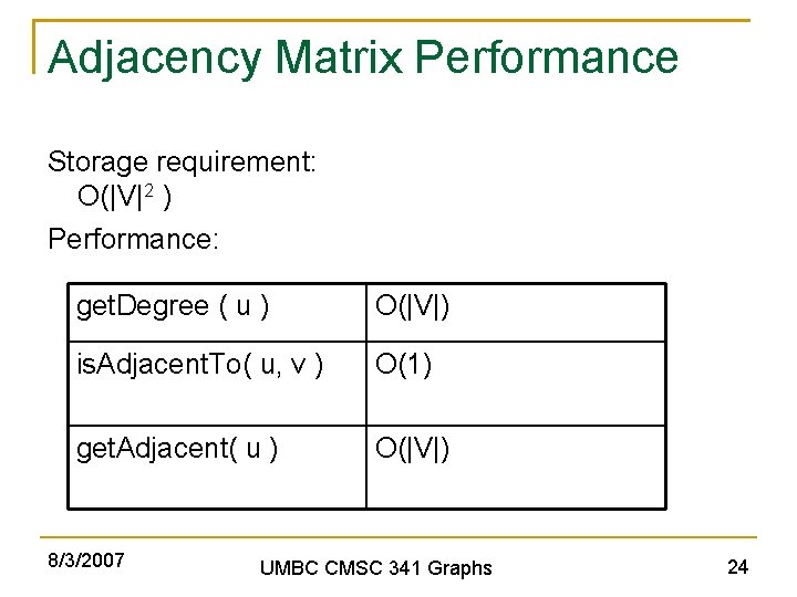 Adjacency Matrix Performance Storage requirement: O(|V|2 ) Performance: get. Degree ( u ) O(|V|)