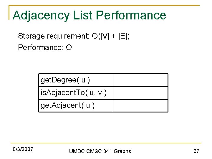 Adjacency List Performance Storage requirement: O(|V| + |E|) Performance: O get. Degree( u )