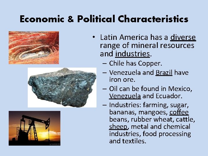 Economic & Political Characteristics • Latin America has a diverse range of mineral resources