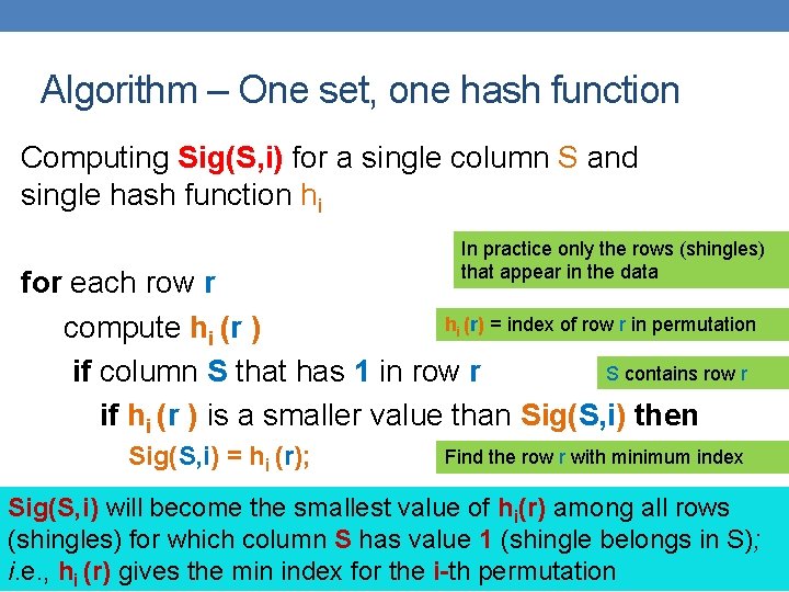 Algorithm – One set, one hash function Computing Sig(S, i) for a single column