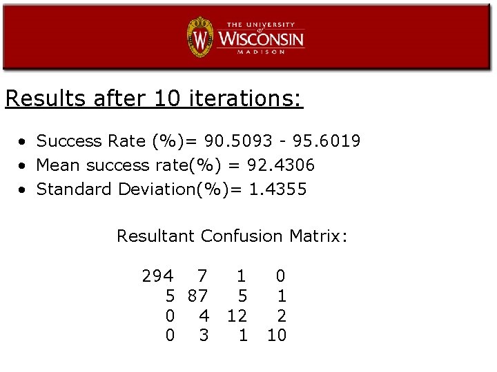 Results after 10 iterations: • Success Rate (%)= 90. 5093 - 95. 6019 •