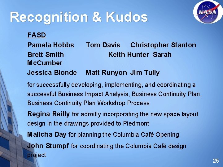 Recognition & Kudos FASD Pamela Hobbs Brett Smith Mc. Cumber Jessica Blonde Tom Davis