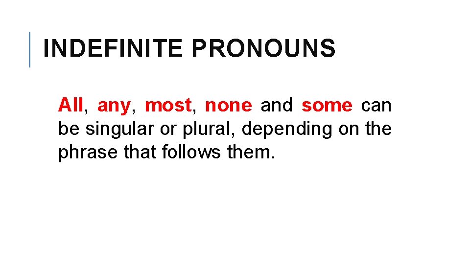 INDEFINITE PRONOUNS All, any, most, none and some can be singular or plural, depending