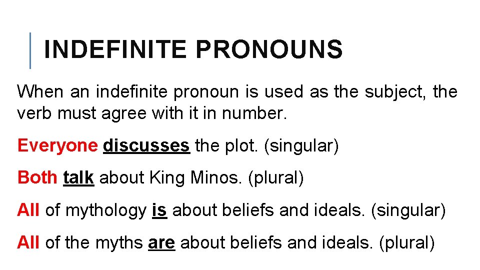 INDEFINITE PRONOUNS When an indefinite pronoun is used as the subject, the verb must