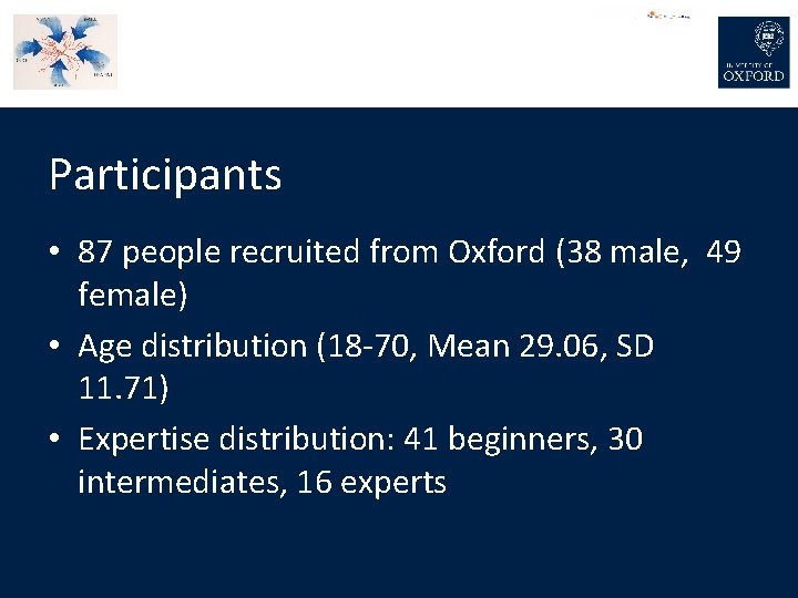 Participants • 87 people recruited from Oxford (38 male, 49 female) • Age distribution