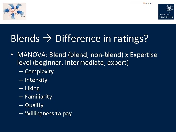 Blends Difference in ratings? • MANOVA: Blend (blend, non-blend) x Expertise level (beginner, intermediate,