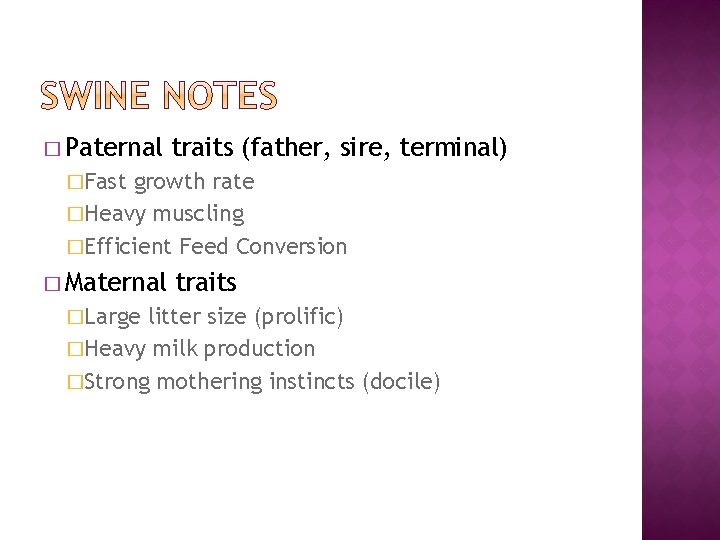� Paternal traits (father, sire, terminal) �Fast growth rate �Heavy muscling �Efficient Feed Conversion