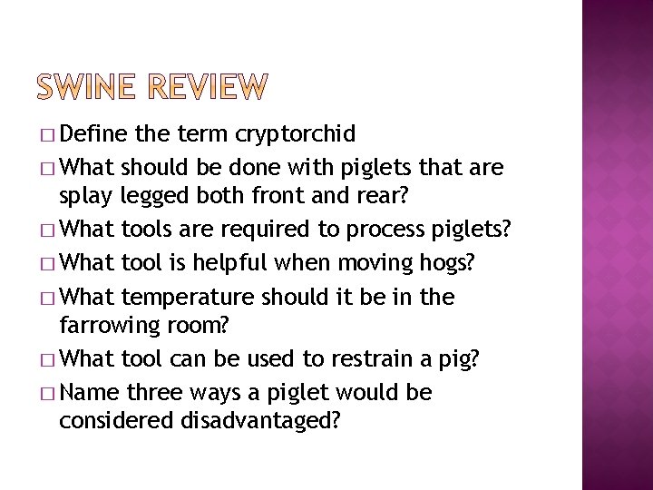 � Define the term cryptorchid � What should be done with piglets that are