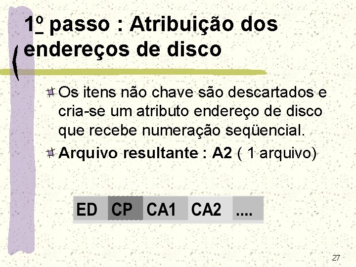 1º passo : Atribuição dos endereços de disco Os itens não chave são descartados 1º passo : Atribuição dos endereços de disco Os itens não chave são descartados