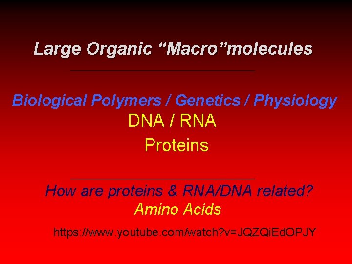 Large Organic “Macro”molecules Biological Polymers / Genetics / Physiology DNA / RNA Proteins How
