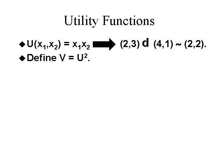 Utility Functions = x 1 x 2 u Define V = U 2. (2, Utility Functions = x 1 x 2 u Define V = U 2. (2,