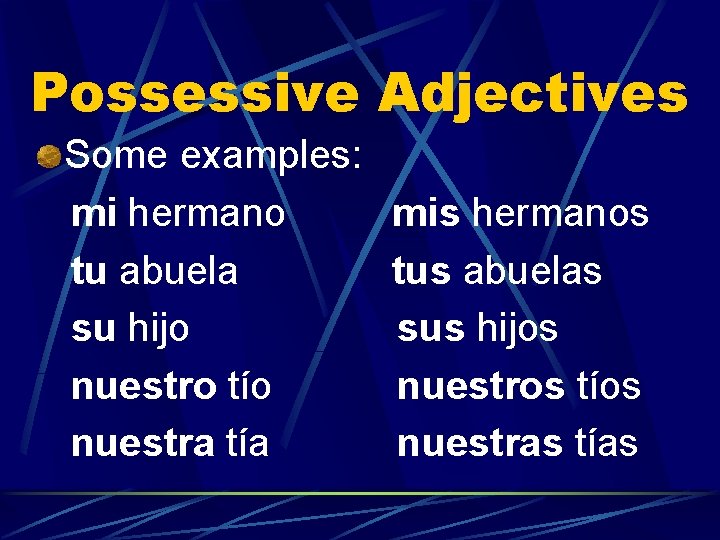 Possessive Adjectives Some examples: mi hermano tu abuela su hijo nuestro tío nuestra tía