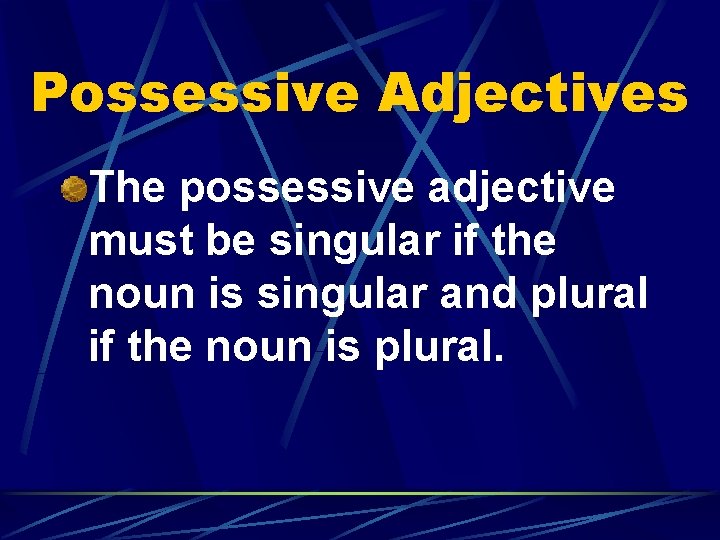 Possessive Adjectives The possessive adjective must be singular if the noun is singular and