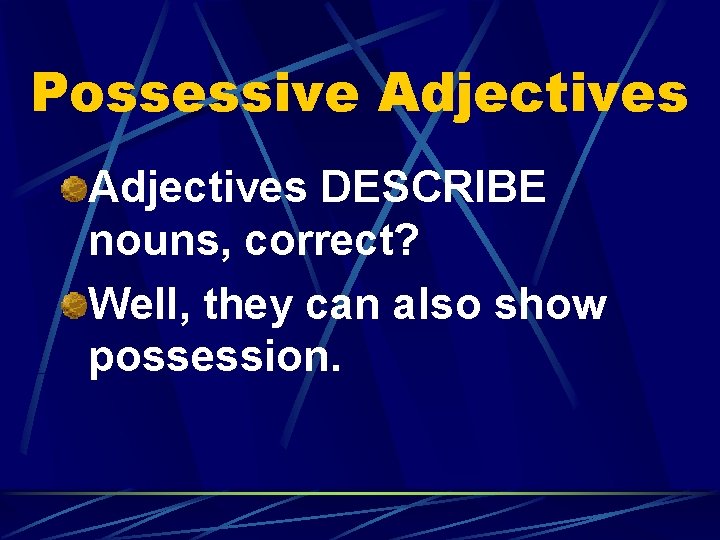 Possessive Adjectives DESCRIBE nouns, correct? Well, they can also show possession. 