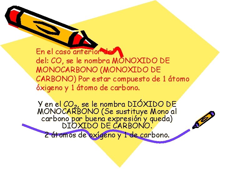 En el caso anterior del: CO, se le nombra MONOXIDO DE MONOCARBONO (MONOXIDO DE