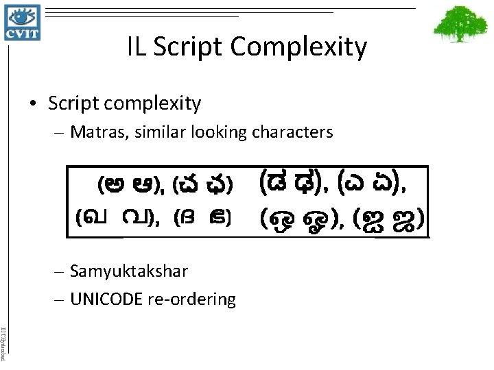 IL Script Complexity • Script complexity – Matras, similar looking characters – Samyuktakshar –