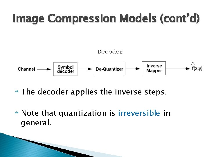Image Compression Models (cont’d) The decoder applies the inverse steps. Note that quantization is Image Compression Models (cont’d) The decoder applies the inverse steps. Note that quantization is