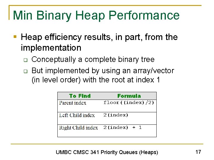 Min Binary Heap Performance § Heap efficiency results, in part, from the implementation q