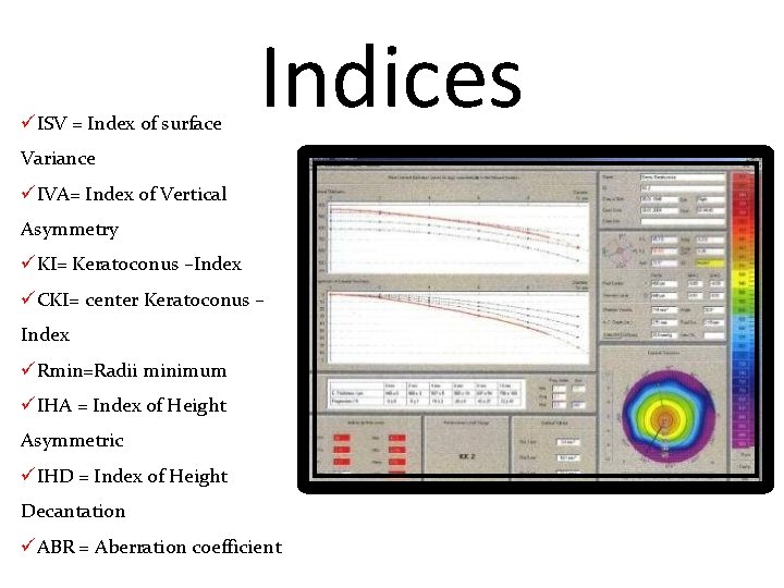 üISV = Index of surface Indices Variance üIVA= Index of Vertical Asymmetry üKI= Keratoconus