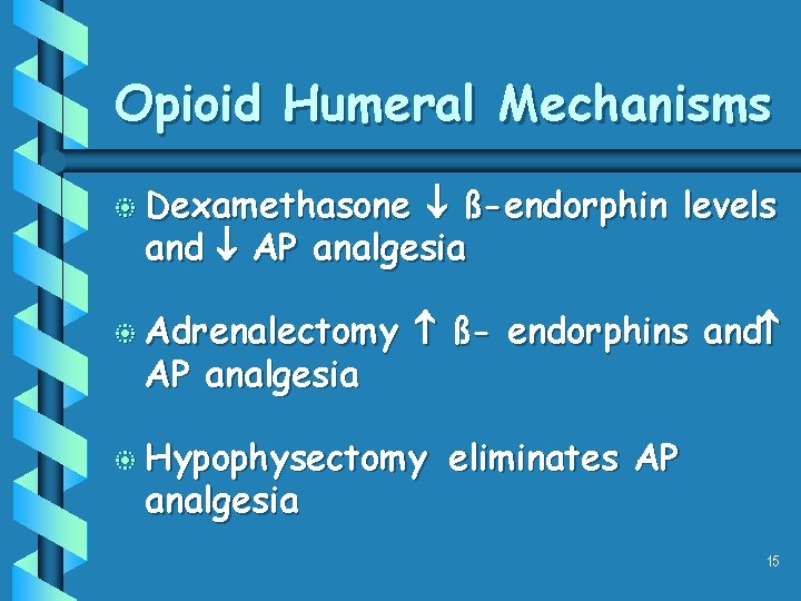 Opioid Humeral Mechanisms b Dexamethasone ß-endorphin levels and AP analgesia b Adrenalectomy AP analgesia