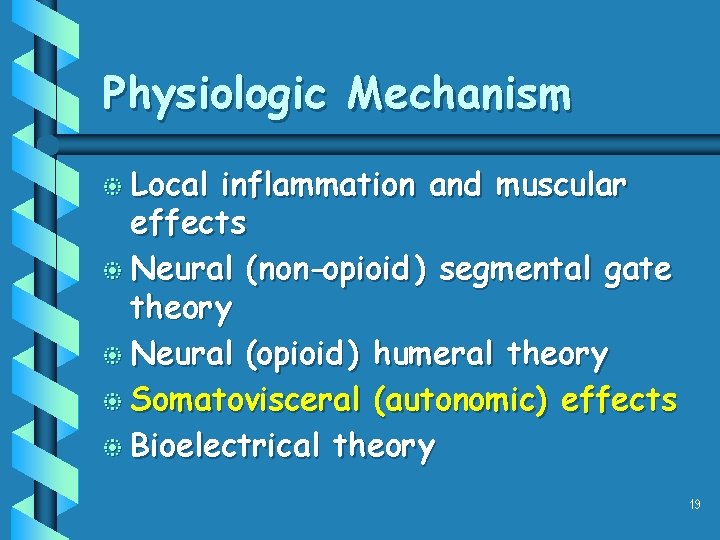 Physiologic Mechanism b Local inflammation and muscular effects b Neural (non-opioid ) segmental gate