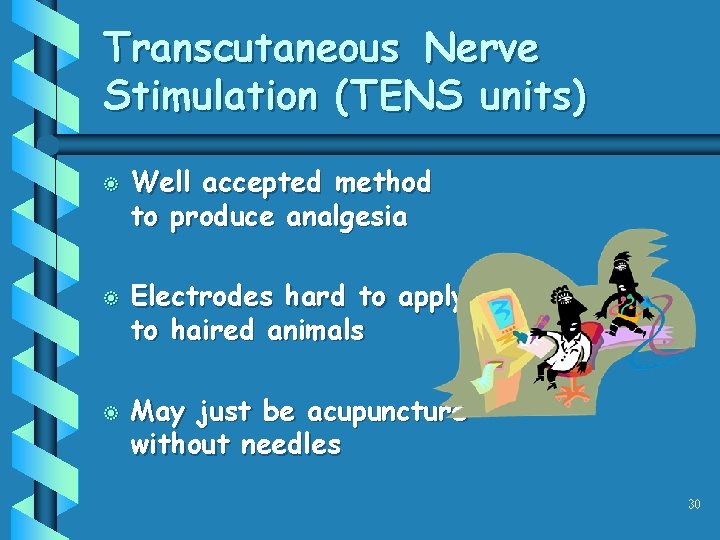 Transcutaneous Nerve Stimulation (TENS units) b b b Well accepted method to produce analgesia